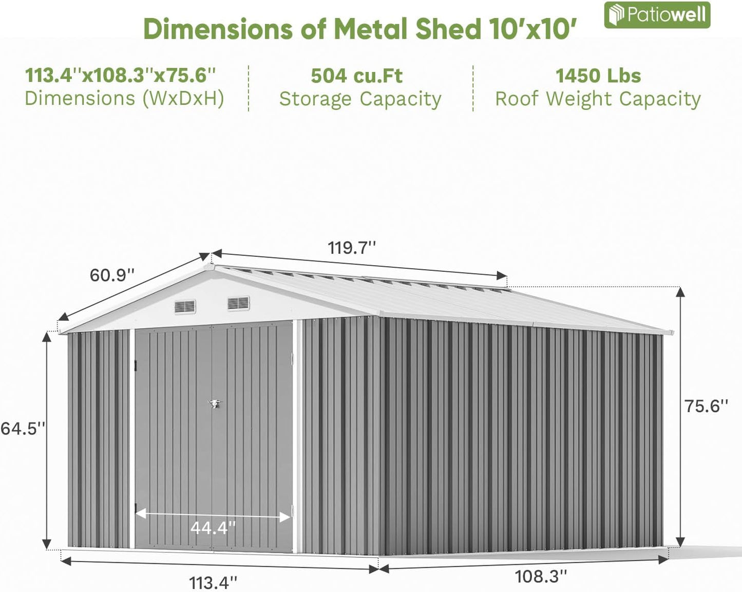 Patiowell 10' x 10' Metal Storage Shed for Outdoor, Steel Yard Shed with Design of Lockable Doors, Utility and Tool Storage for Garden, Backyard, Patio, Outside use, Grey