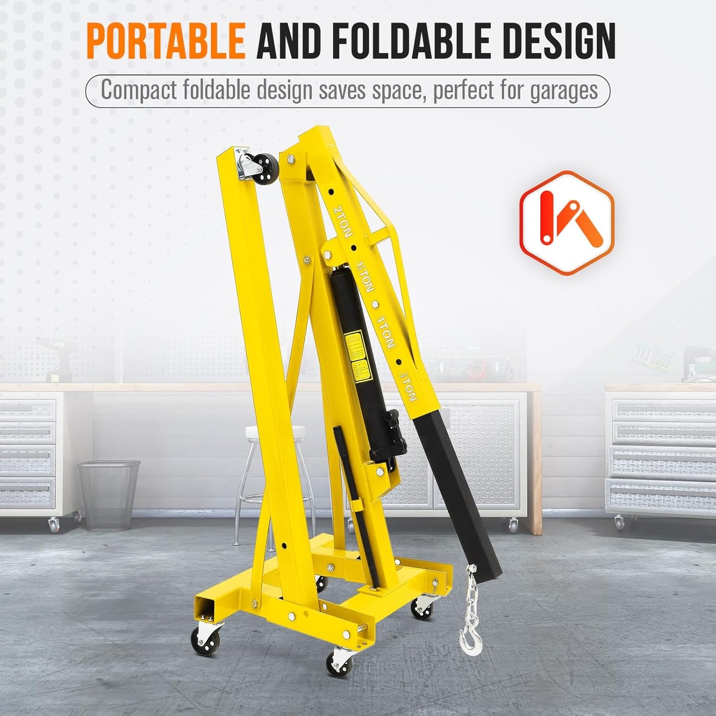 2 Ton Hydraulic Engine Hoist with Lever Stabilizer , Cherry Picker Engine Hoist, 4400LBS Heavy Duty Garage Crane with 6 Swivel Casters & Adjustable Telescopic Boom, for Auto Repair & Workshop (Yellow)
