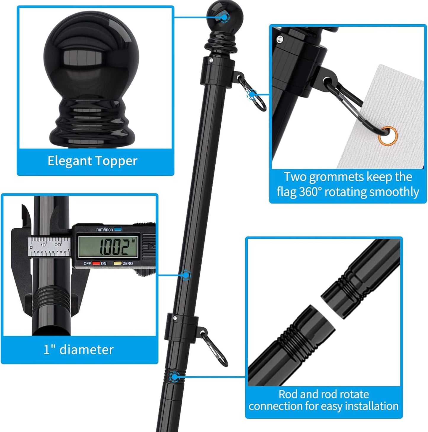 ZMTECH Flag Pole - Upgraded Bracket, (2 Packs) 6 FT Stainless Steel Flag Poles for Outside House, Residential or Commerical, Tangle Free Flag Pole Kit for American Flag (Without Flag, Black)