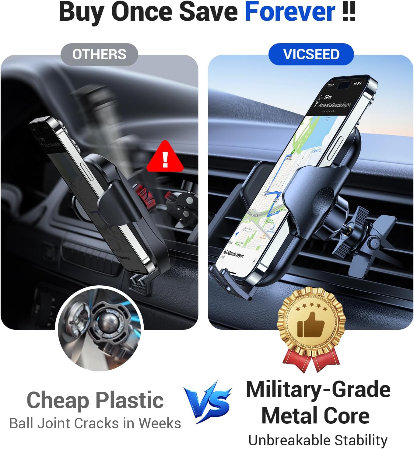 VICSEED Strong Suction Car Phone Holder [Ultra-Stable for Heavy Phones & Thick Cases] 3-in-1 Dashboard Windshield Vent Cellphone Mount, Military-Grade Truck Boat Cradle Universal for iPhone & Android