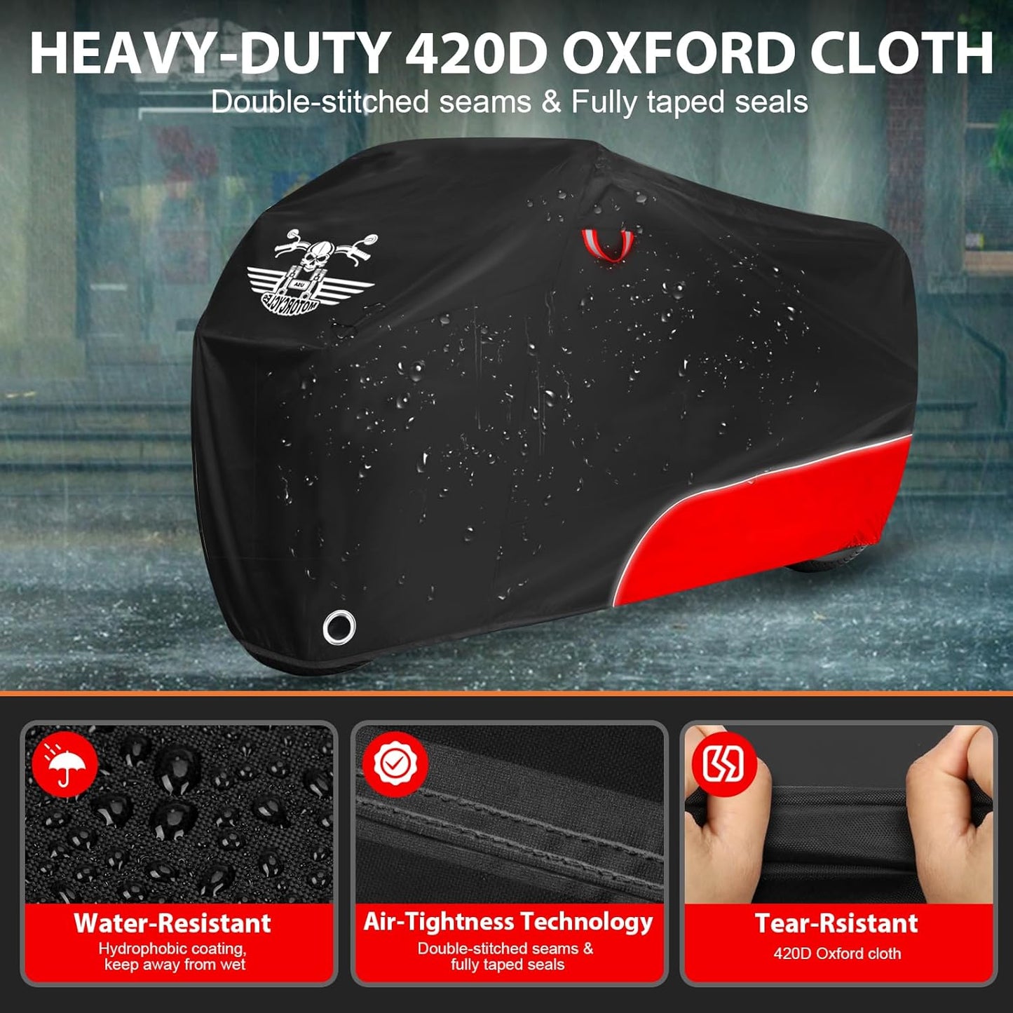 Motorcycle Cover Waterproof Outdoor Storage with Lock-Holes, Storage Bag & Night Reflective Design, Heavy Duty Protection Powersports Vehicle Covers Fits up to 96.5"-116" (420D Red, 104")