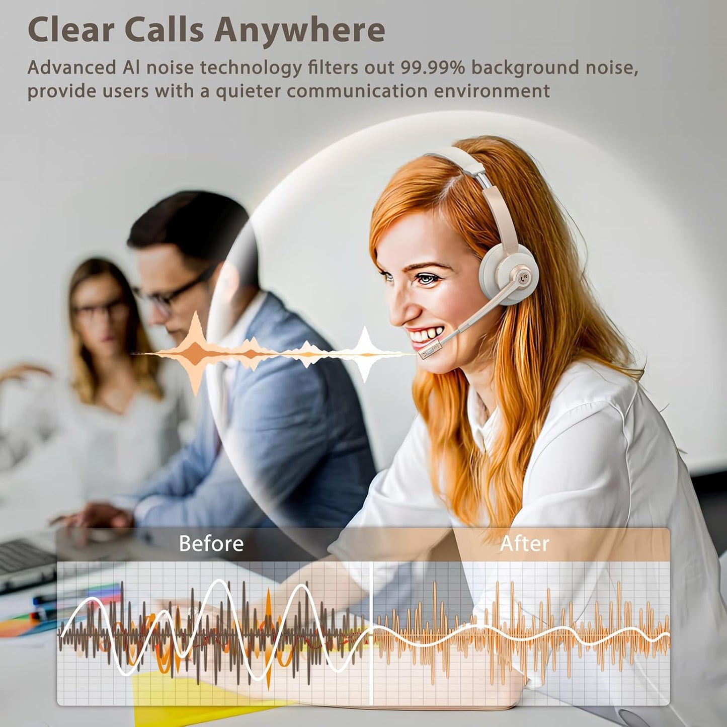 Wireless Headset with Mic for Work, Bluetooth Headset with AI Noise Canceling Microphone, Wireless Headphones with USB Dongle, Charging Base & Mic Mute for for PC/Cell Phones/Call Center/Teams