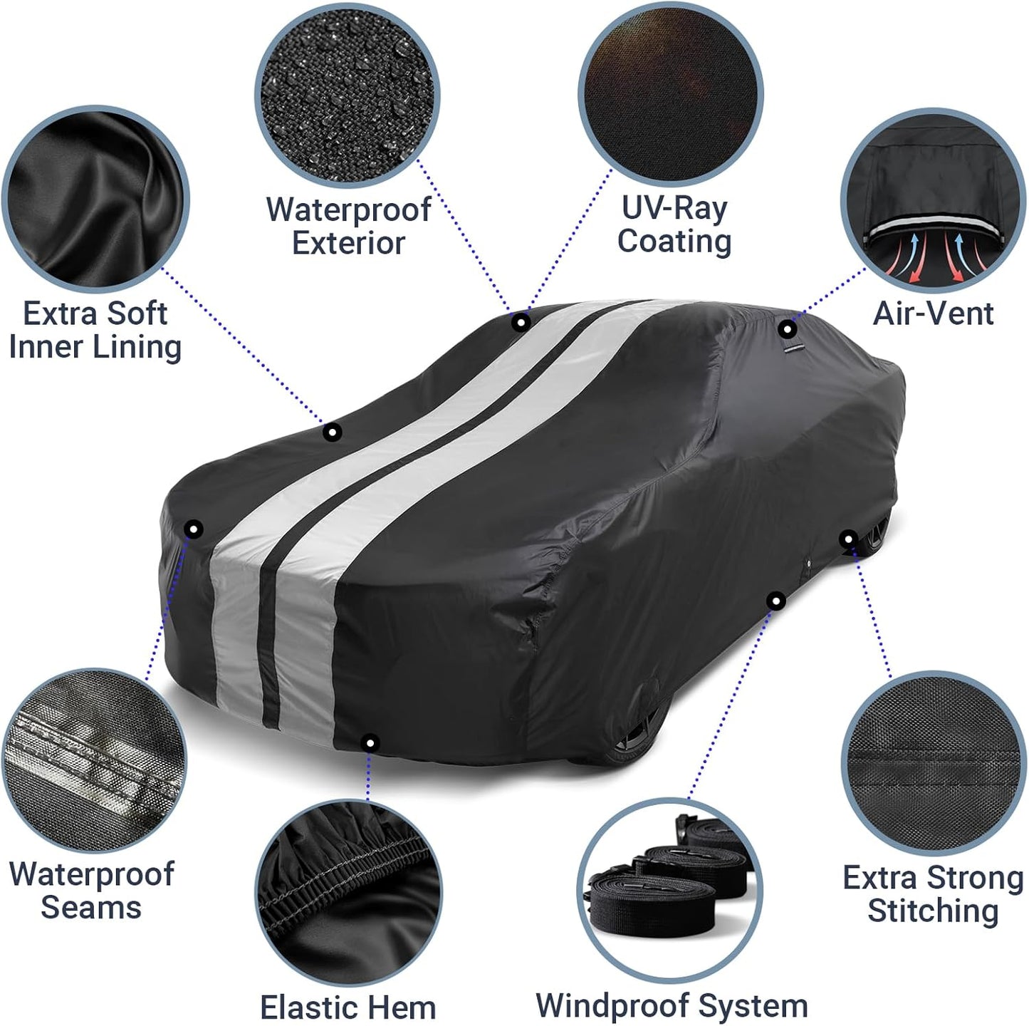 iCarCover Custom Car Cover for Pontiac Streamliner (1946-1952) Waterproof All-Weather Rain Snow UV Sun Protector Full Exterior Indoor Outdoor Car Cover (Stripe - Black/Gray)