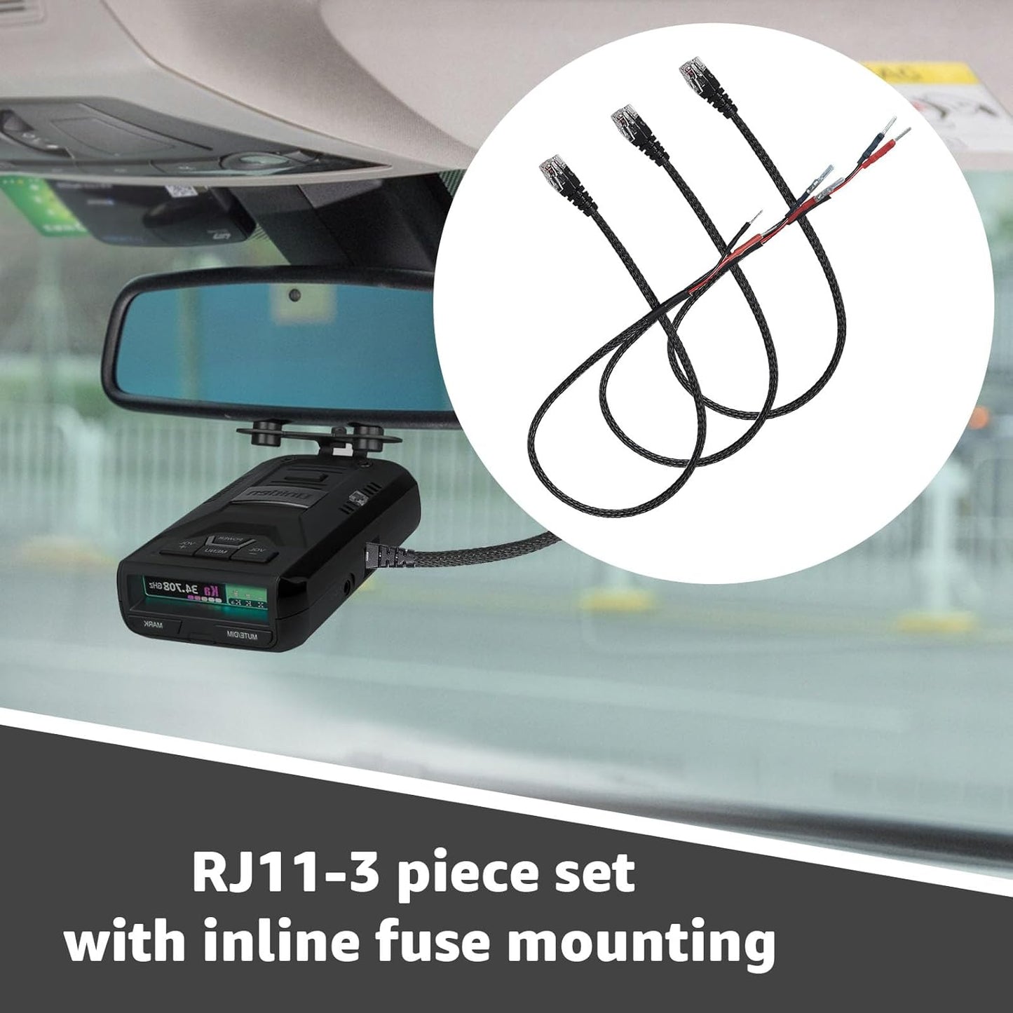 16.5" Radar Detector Hardwire Power Cord Mirror Wire Plug Tap Set (3-Piece Set) - Compatible with Uniden Valentine One Escort & Beltronics Radar Detectors,Inline Fuse Mount (RJ11)