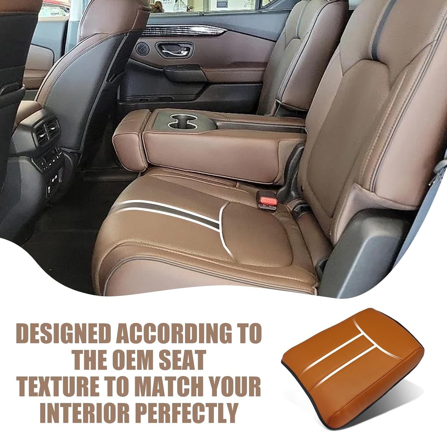 Muslogy Center Console Cover Compatible with Honda Pilot 2023 2024 2025, 2024-2026 Ridgeline/Passport Accessories Armrest Pad Lid Cushion Console Protector Vegan Leather Extra Soft(Light Brown)