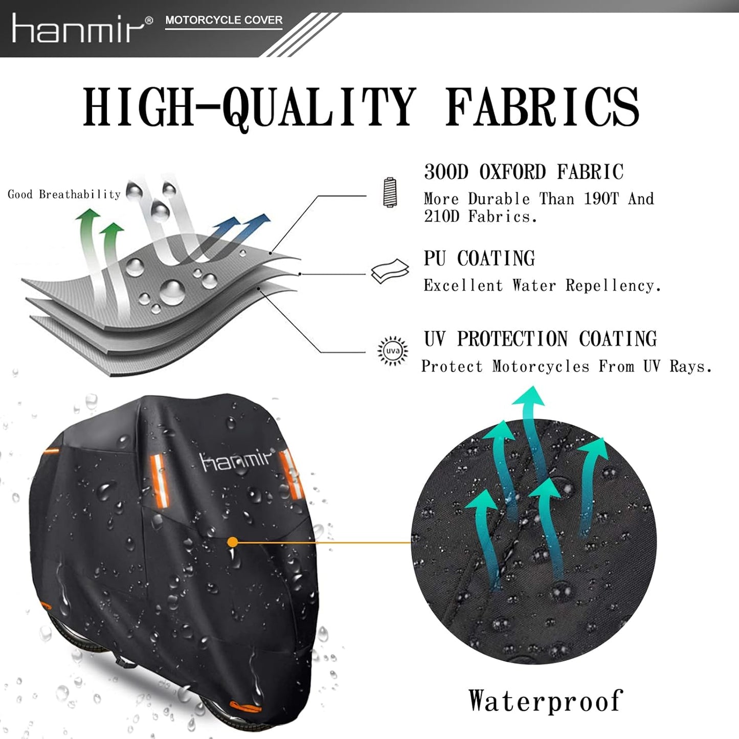 Motorcycle Cover,Motorbike Cover All Season Universal Weather Waterproof Outdoor UV Protection with 4 Reflective Strips & Storage Bag,4XL Motorcycles Vehicle Cover