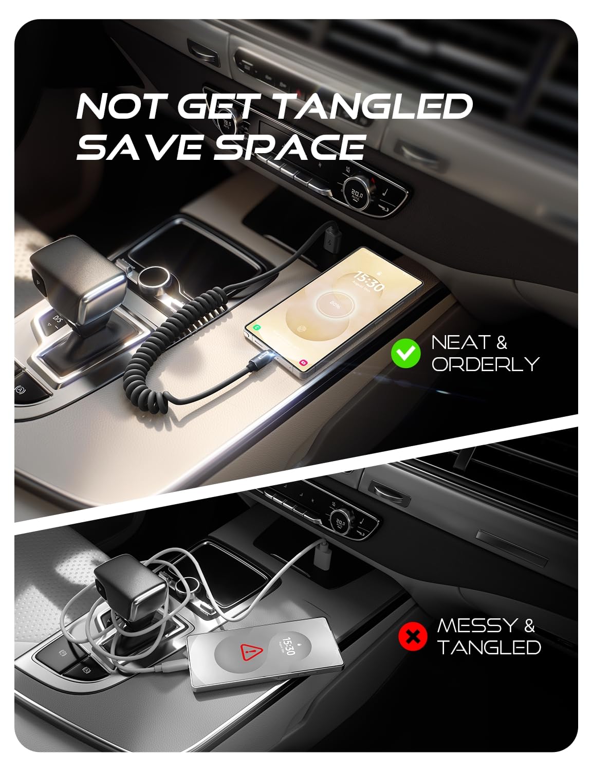 LISEN Coiled USB C Cable, 2 Pack for Android Auto & CarPlay Cable, 4FT Short USB A to USB C Cable Compatible with iPhone 16/15, Samsung Galaxy S25/S24/S23 A15/A14, Google Pixel 9/8, Moto, TCL-Black