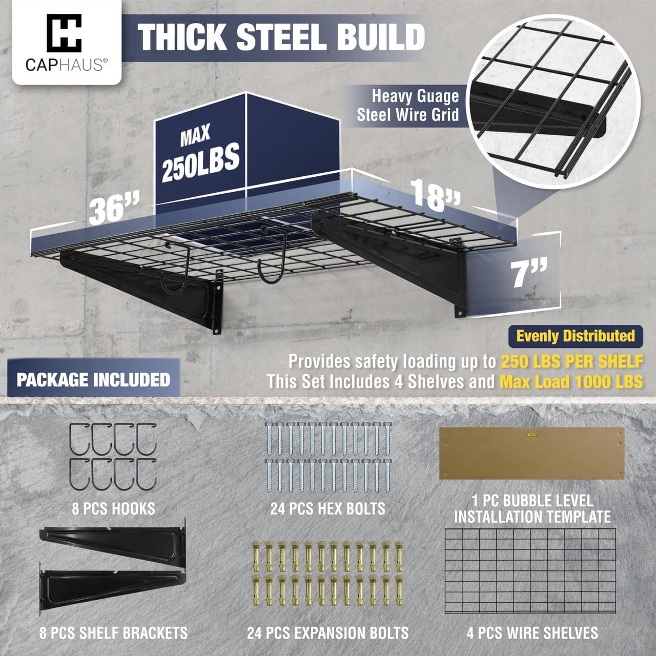 CAPHAUS 2-Pack Garage Shelving Wall Mounted 72x18 Inch, Heavy Duty Metal Wall Shelves with 8 Bike Hooks, 1000lbs Capacity Storage Rack for Garage Organization System, Black