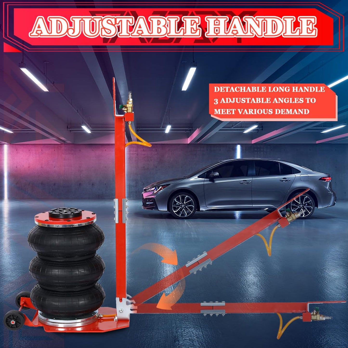5T Triple Bag Air Jack 11000lbs Pneumatic Jack 3s Fast Lift Up 16in Airbag Jack with Adjustable Long Handle Heavy Duty Triple Air Bag Jack Lift for Cars Garage (Red)