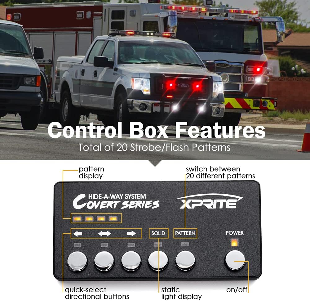 Xprite White Red LED Hideaway Strobe Lights Kit, 20 Flashing Patterns w/Control Panel Headlights Taillights Fog Light Interior Mounting, for Emergency Vehicles Firefighter Cars Trucks SUV 4PCS
