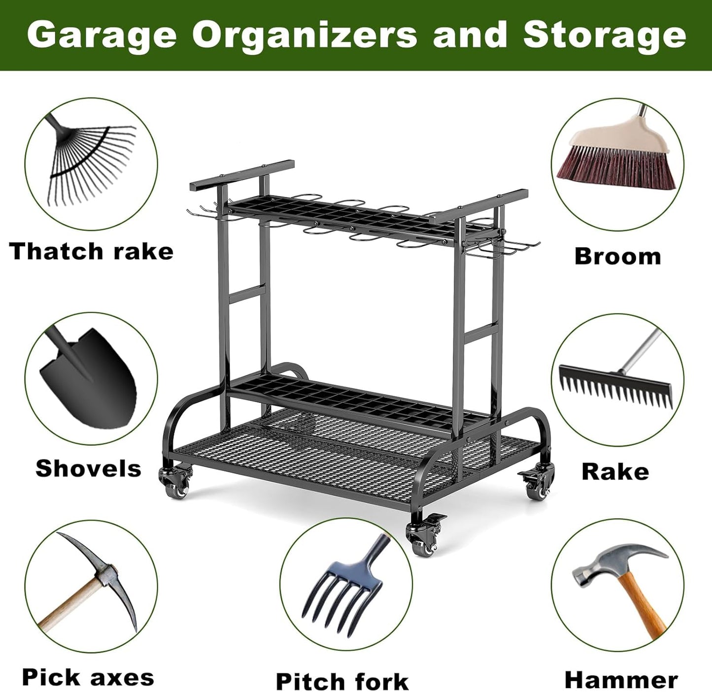 Garden Tool Organizer with Wheels, Large Capacity Garage Tool Rack with Hooks, for Broom, Shovel, Long Handled Tools, Metal Yard Tool Organizer for Garage, Shed, Outdoor