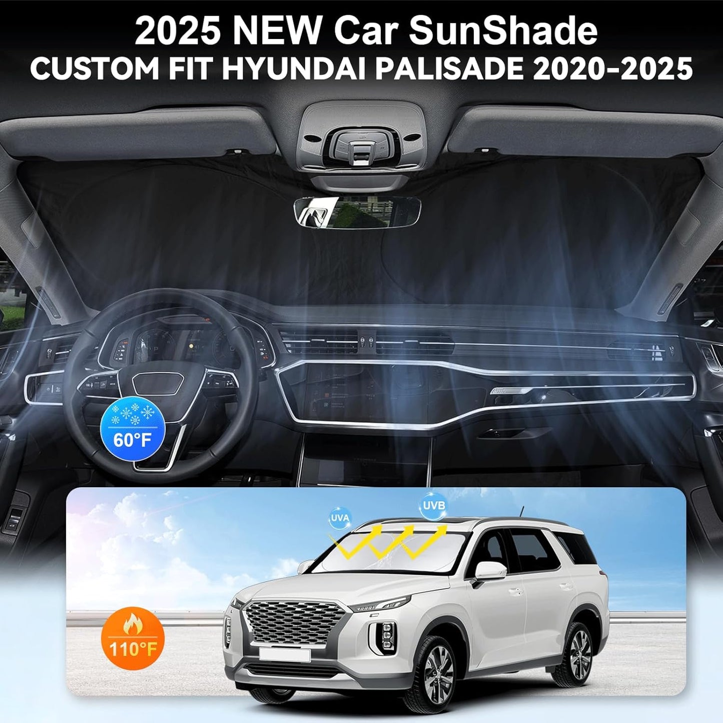 Sunshade for Hyundai Palisade 2020 2021 2022 2023 2024 2025 2026 Car Sun Shade Windshield Accessories Foldable Front Window Sun Visor 210T Reflective Fabric Protector Block Rays