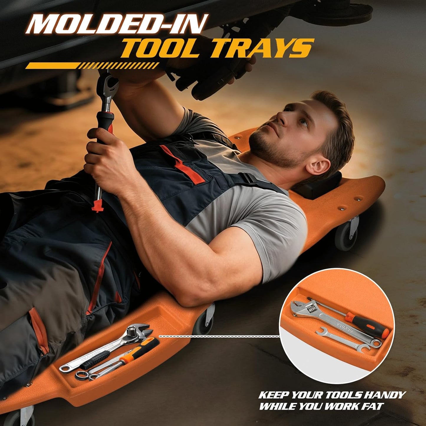 Magshion Mechanic Creeper with Padded Headrest & Tool Trays – 440 lbs Capacity, Rolling Garage Creeper with 6 Swivel Wheels, Lightweight & Portable Under Car Creeper for Auto Repair (Orange)