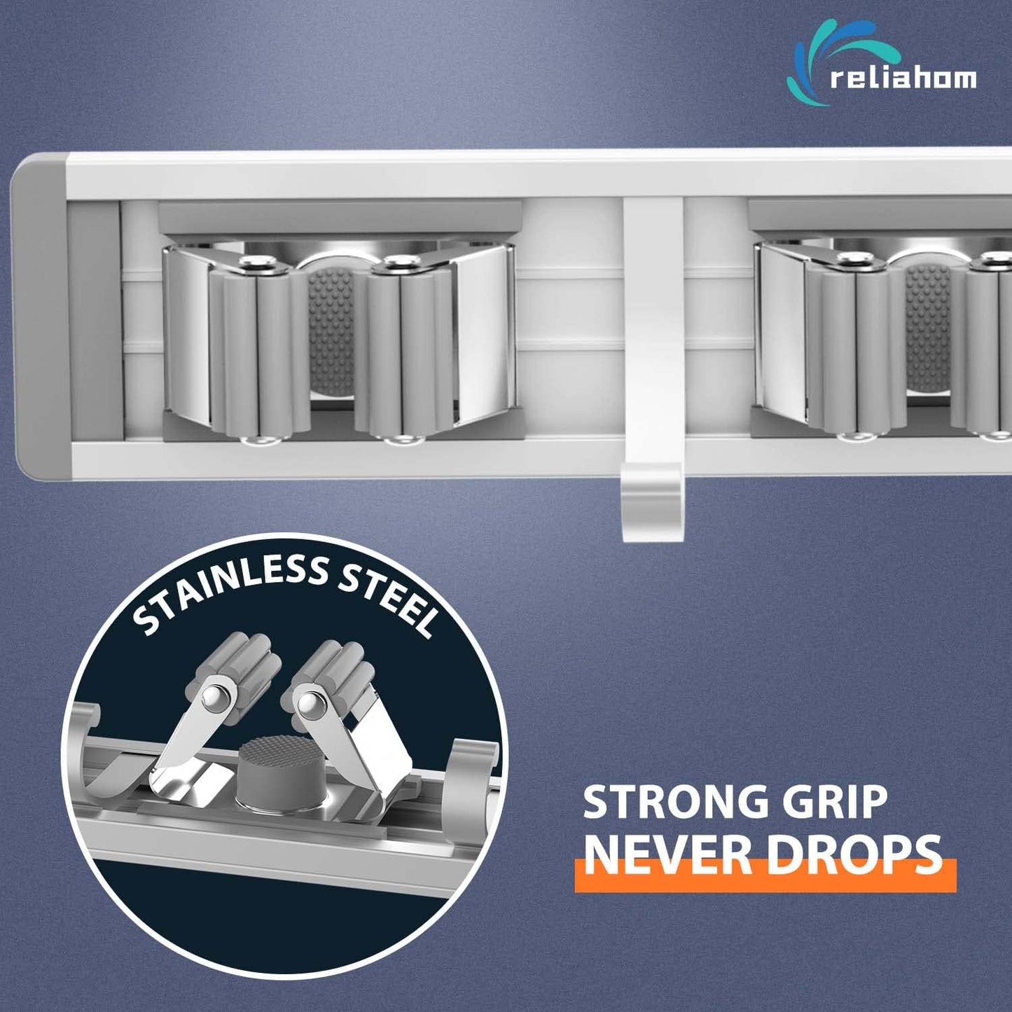 2 Pack Broom Holder Wall Mount Mop and Broom Hanger Wall Mounted Garage Storage Rack Kitchen Garden Tool Organizer (5 Racks with 4 Hooks, Silver)