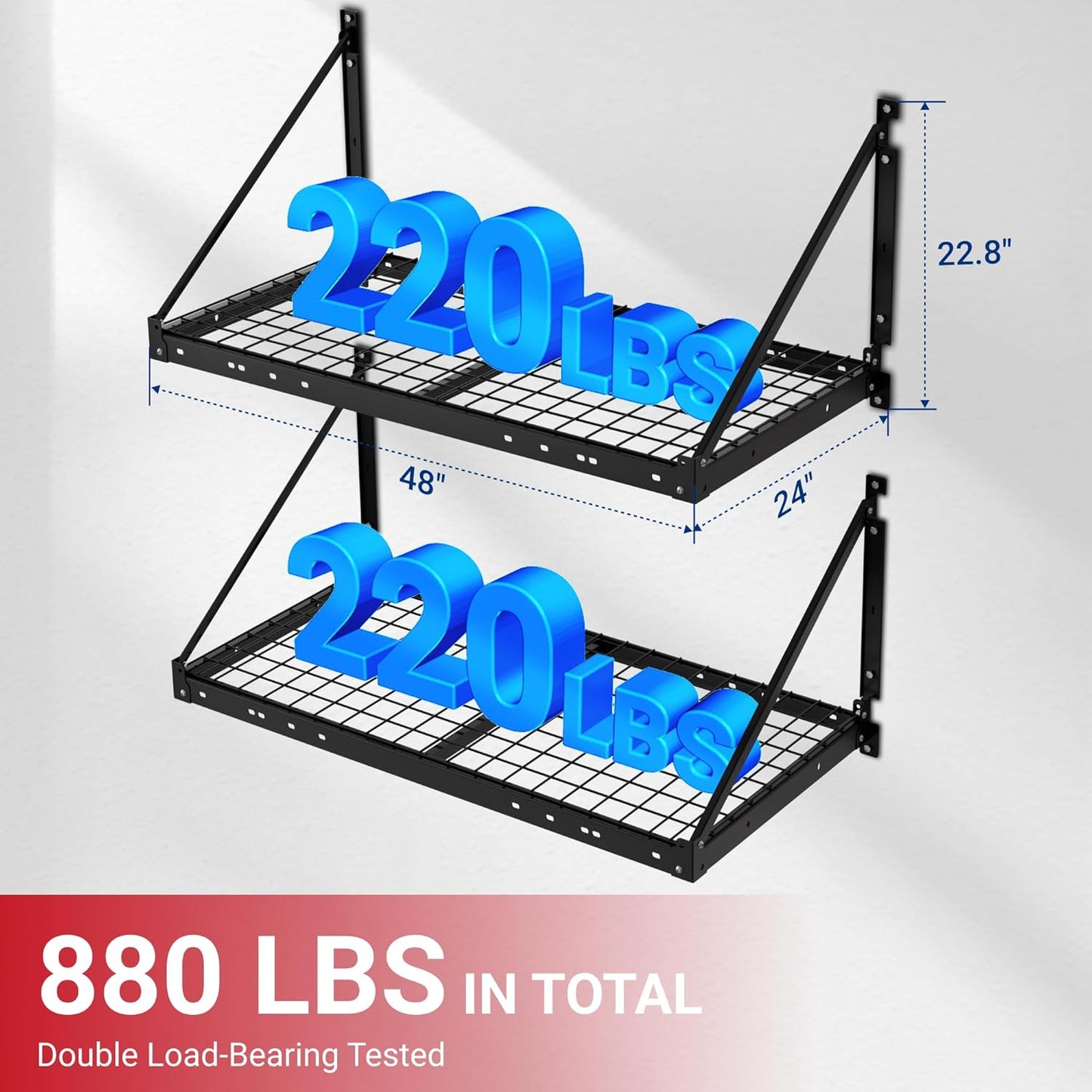 FLEXIMOUNTS 2-Pack 2x4ft Garage Wall Shelving with 4 Hooks - Heavy Duty Garage Storage System, 440 lbs Load Capacity with Brace Guardrail, Wall Mounted Organization for Bikes, Tools, Bins