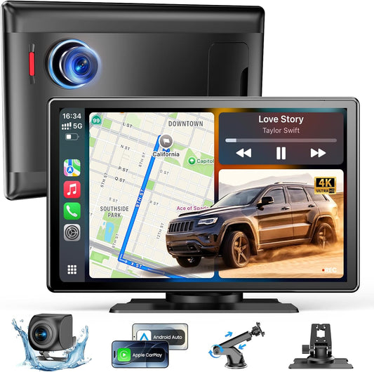 9''HD Wireless Carplay Screen For Car 4K Dash Cam&1080P Backup Camera With Apple Carplay&Android Auto Voice Control GPS DVR Call Music Message Mirror Link Airplay/Android Cast Fit Pickup Truck SUV MPV