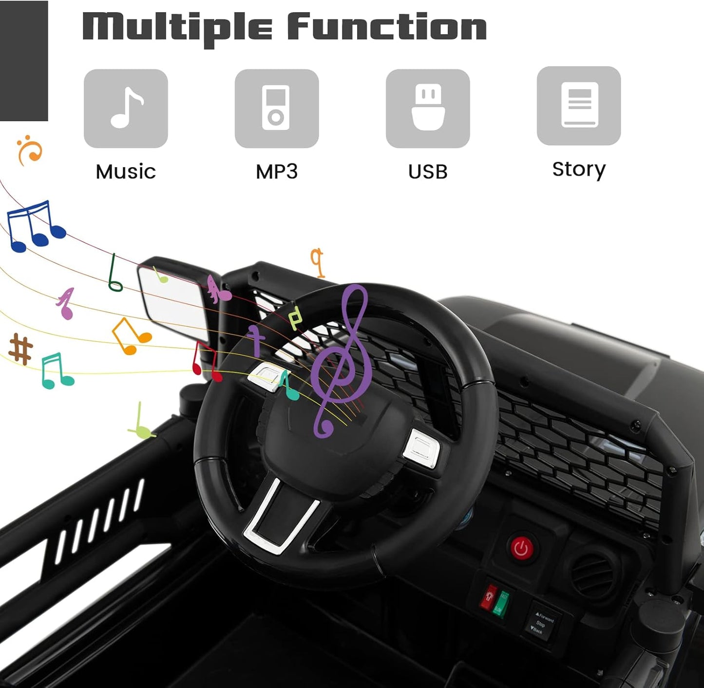 OLAKIDS Kids Ride On Truck, 12V Electric Vehicle Jeep Car with Remote Control, Toddlers Battery Powered Toy with 2 Speeds, Spring Suspension, Double Open Doors, LED Lights, Music, TF, USB, Mp3 (Black)