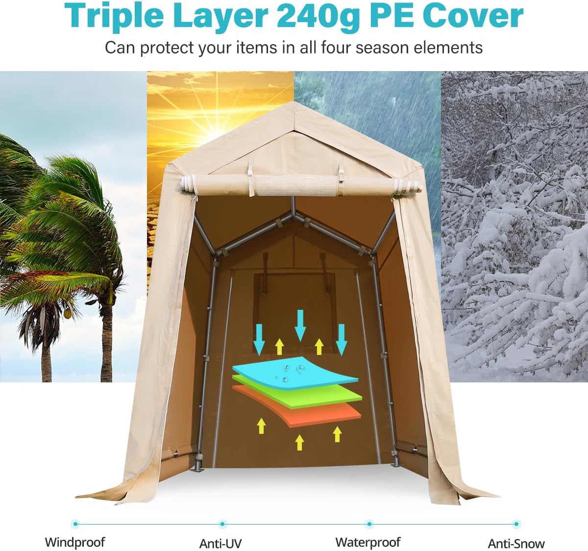 ADVANCE OUTDOOR 6X8 ft Outdoor Portable Storage Shelter Shed with 2 Rolled up Zipper Doors & Vents Carports for Motorcycle Waterproof and UV Resistant Portable Garage Kit Tent, Beige