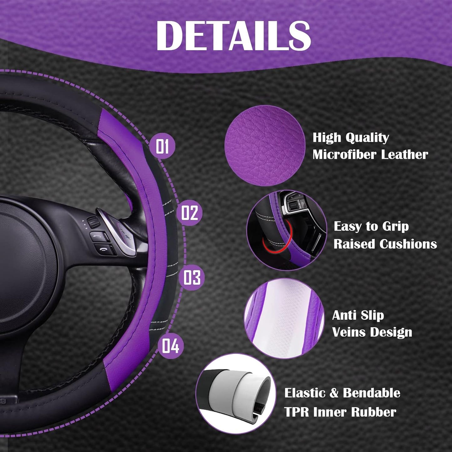 CAR PASS Line Rider Microfiber Leather Sporty 14.5-15 inch Steering Wheel Cover Universal Fits for 95% Truck,SUV,Cars, Anti-Slip Safety Comfortable Design (Black Purple)