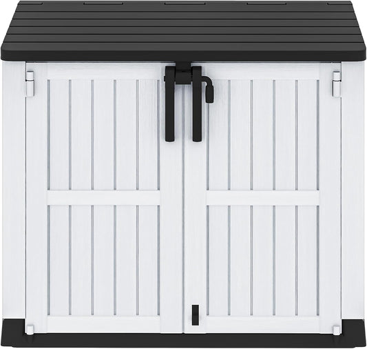DWVO 36 cu ft Tool Storage Shed, Storage for Bakcyard, Patio, and Garden, Resin Plastic Shed with Sloped Lid, Lockable Door, and Wood Grain Finish, Light Gray