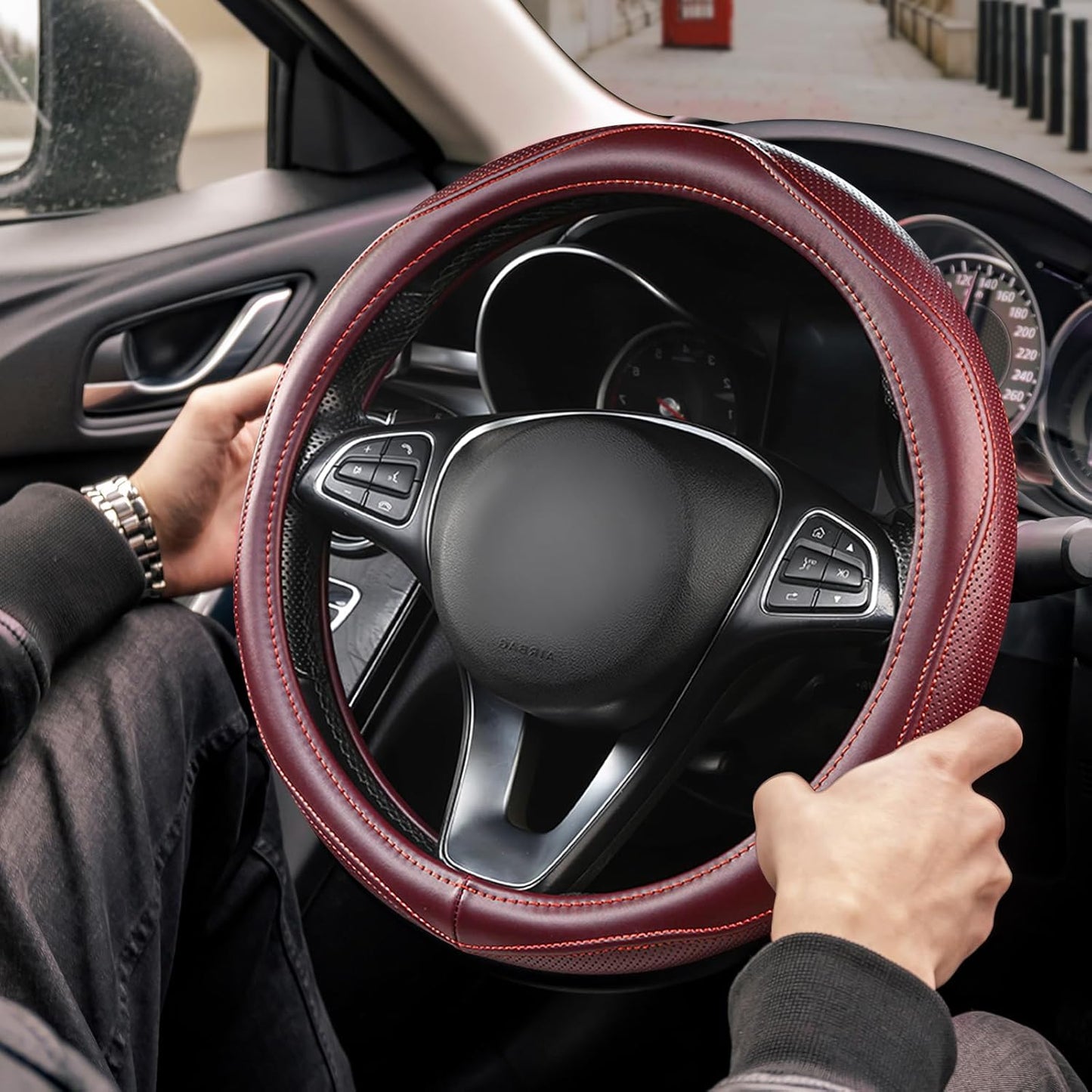 High-Grade Wine Red Genuine Leather Steering Wheel Cover for Men Women，Real Cowhide Leather Steering Wheel Cover for Cars,Universal 14.5-15 inch Steering Wheels