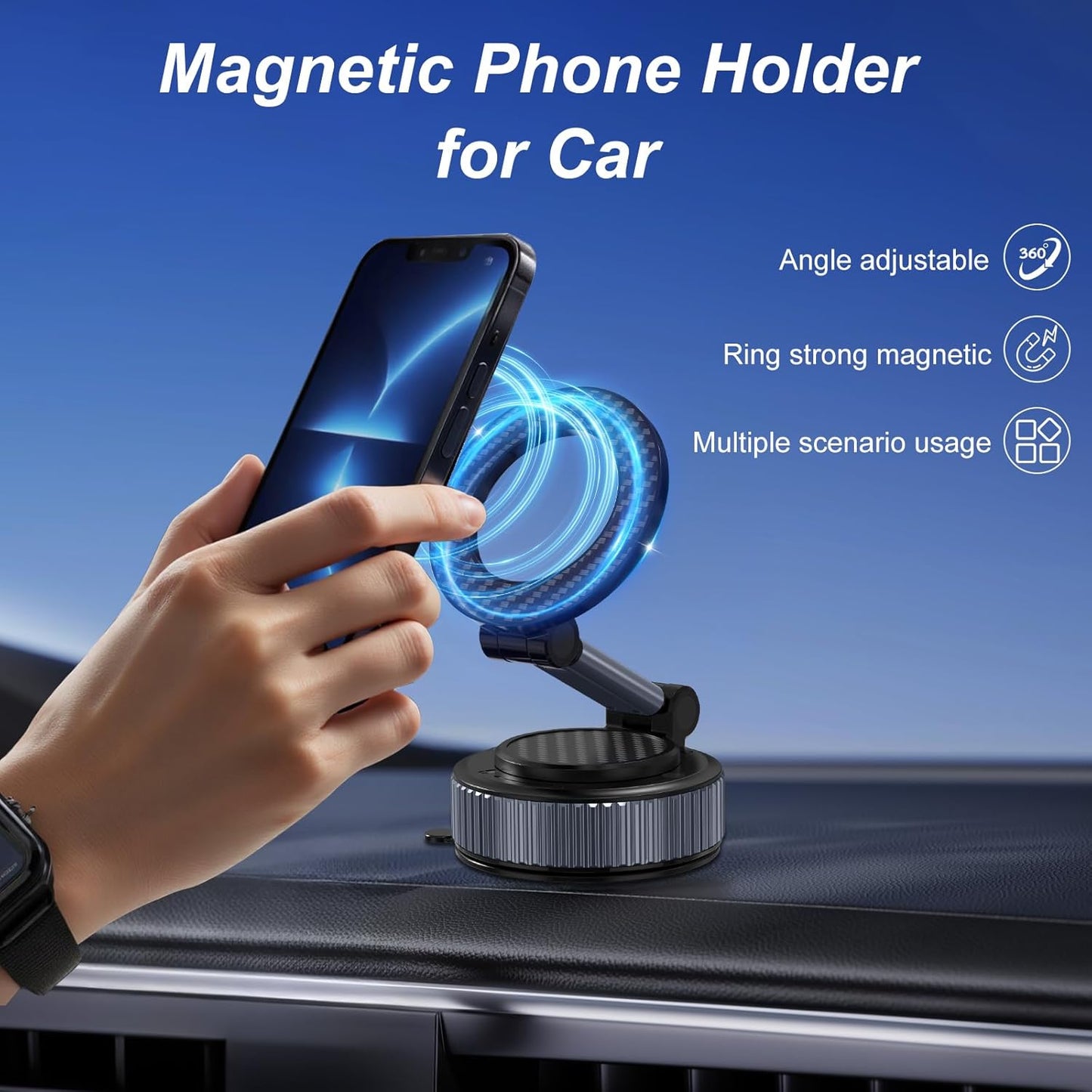 Magnetic Phone Holder for Car - Upgraded 360° Vacuum Magnetic Phone Holder, Foldable Retractable Suction Cup Car Mount for Magsafe for Your Car/Gym/Mirror Mount for iPhone & Android