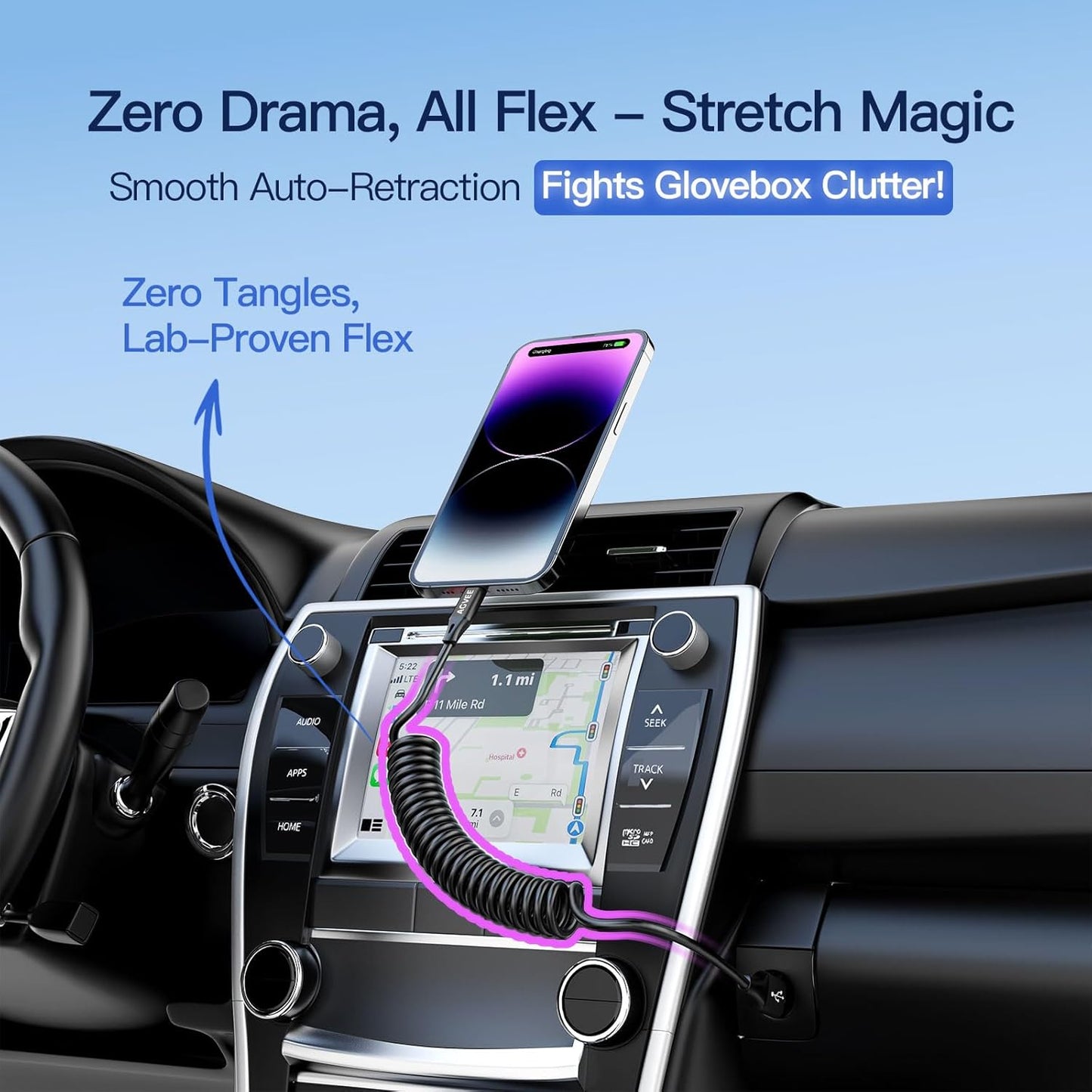 AGVEE 3ft Coiled Short USB to Lightning Charging Cable [MFI Certified] 3A Fast Charger Cord in Car for iPhone 14/13/12/11/XS/8/7/6/5 CarPlay, iPad, iPod, Black