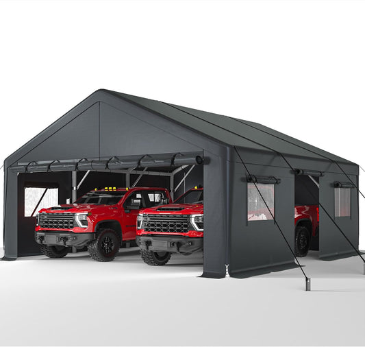 Bepatio 2 Car Carport, 20 x 20 Heavy Duty Metal Carport, All Weather Extra Large Car Port, Outdoor Portable Garage with Side-Opening Doors & Roll-Up Windows
