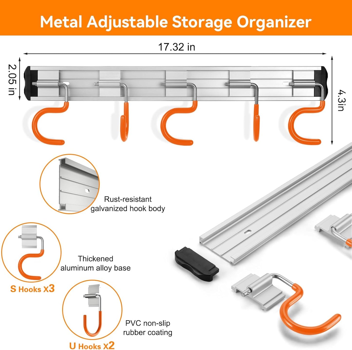 34.5'' Aluminum Alloy Garage Tool Organizer Hooks,Broom Holder Wall Mount, Adjustable Garden Wall Mount Holder for Hanging Shovel Broom Rake Bulk Items and More