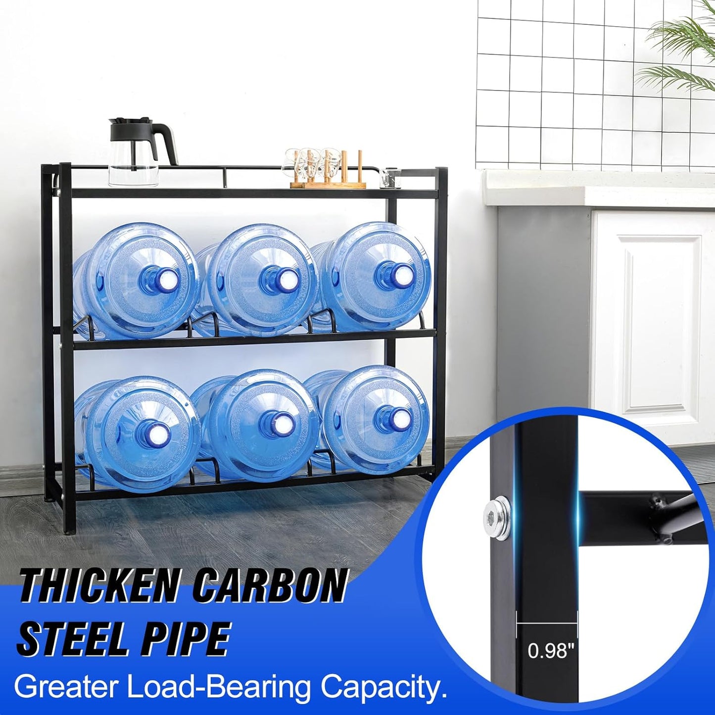 5 Gallon Water Bottle Holder 6-Tray 3/5 Gallon Water Jug Rack with Top Shelf Heavy Duty Jug Stand for Kitchen, Office, Garage Black