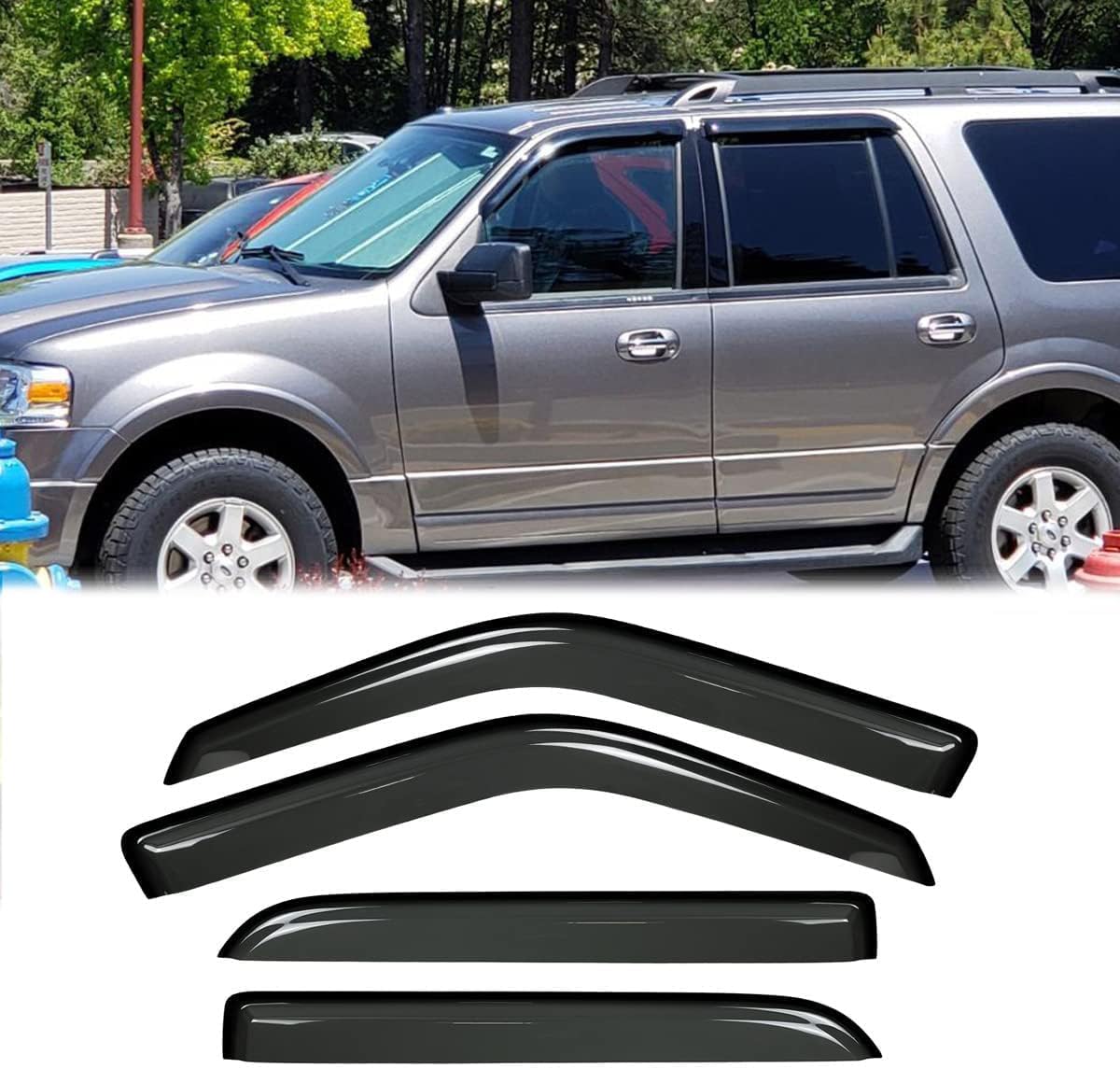 4pcs Original Shatterproof Outside Mount Style Sun Rain Guard Shields Side Window Wind Deflectors Dark Smoke Vent Window Visors for 1997-2017 Expedition / 1998-2017 Lincoln Navigator 94233