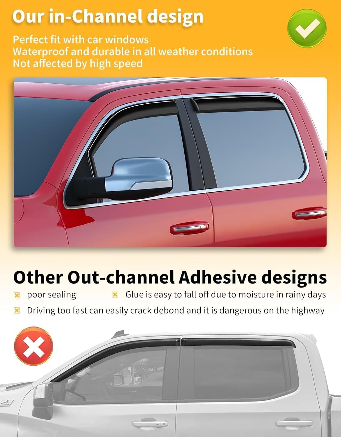 in-Channel Window Rain Guards Fit for Truck Dodge RAM 1500 (New Body Style Includes TRX) 2019-2025 Crew Cab Extra Durable Window Visors Window Deflectors Vent Shades Car Accessories-4 pcs