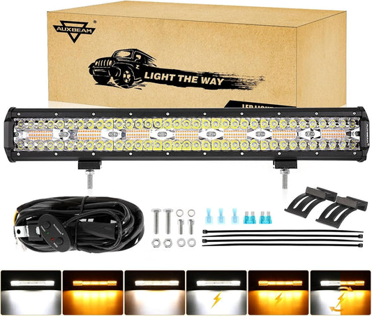 Auxbeam 20 Inch 420W LED Light Bar, 6 Modes Strobe Amber Pod Lights Yellow Fog Light Dual Color Spot Flood Offroad Driving Lights, Memory Function LED Work Lights for Truck Car ATV