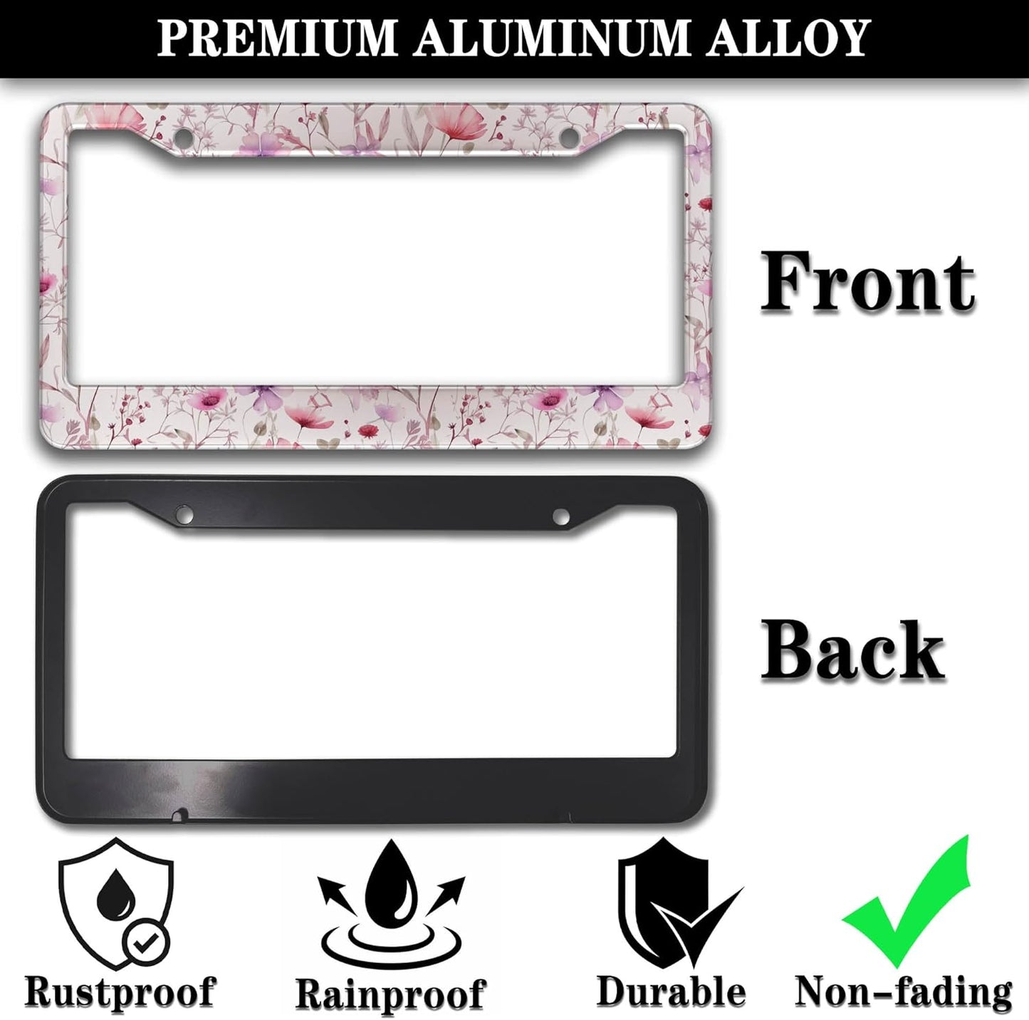 License Plate Frame Holder for Women Powder License Plate Frames for Men Pink Flower Aluminum Metal Car Accessory 2 Pack with Screw Covers Set