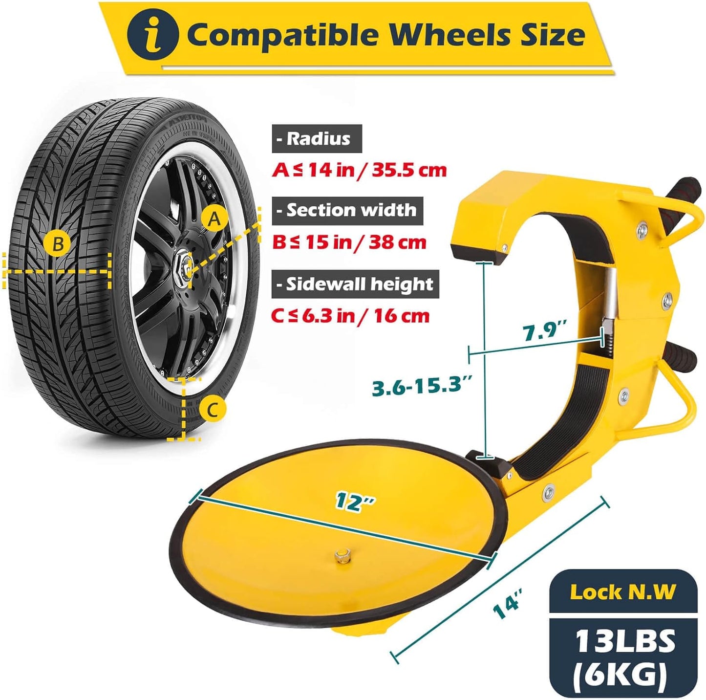 Tevlaphee Wheel Lock - Car Boot Anti-Theft Trailers Wheel Clamp Lock Parking Boot for Cars, Trucks, SUVs, Campers - Upgraded Dual Lock Adjustable Lug Nuts Cover