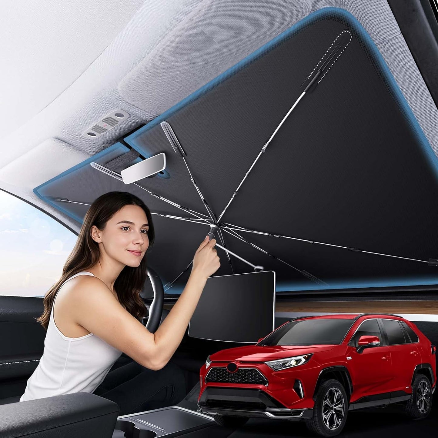 Zanch 2025 Upgraded Car Windshield Sun Shade [Cool Down by 75℉ ] with Heat Insulation Coating, Foldable Sunshade Umbrella Flexible Handle & Ribs, Medium (57''x32'') for Car, SUV, Truck, Van