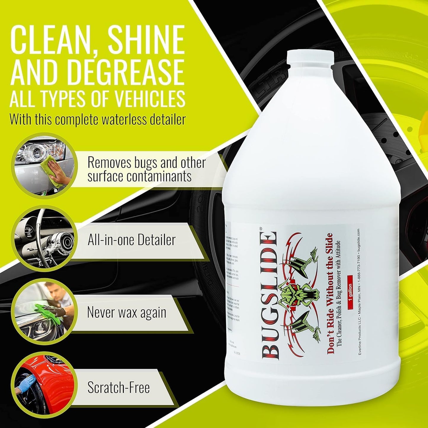 BugSlide 2.5 Gallon Cleaner Refill for Spray Bottles & Travel Kits - All Surfaces Cleaning and Detailing Solution for Vehicle Interior and Exterior Use - Shines, Degreases, Polishes