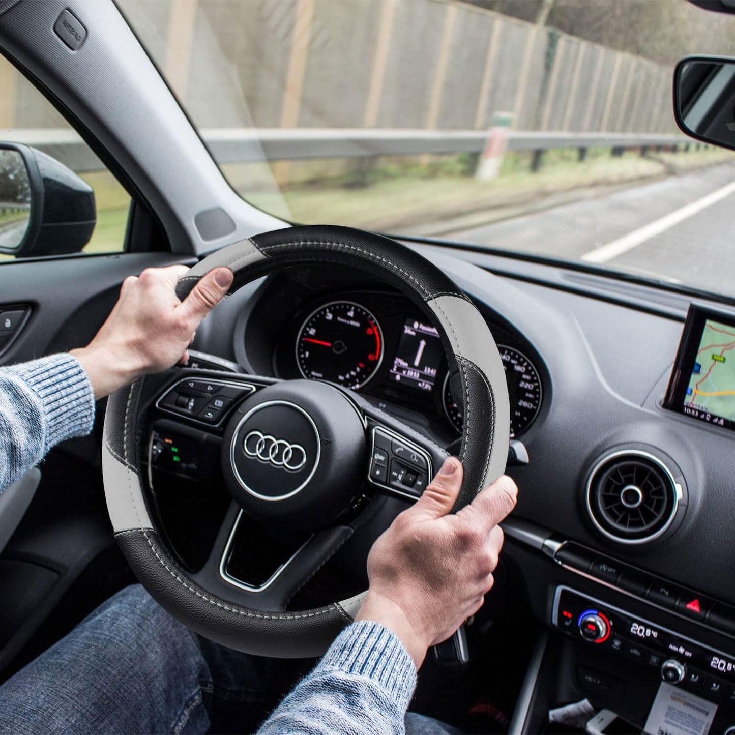 Leather Car Steering Wheel Cover, Non-Slip Car Wheel Cover Protector Breathable Microfiber Leather Universal Fit for Most Cars(Grey)