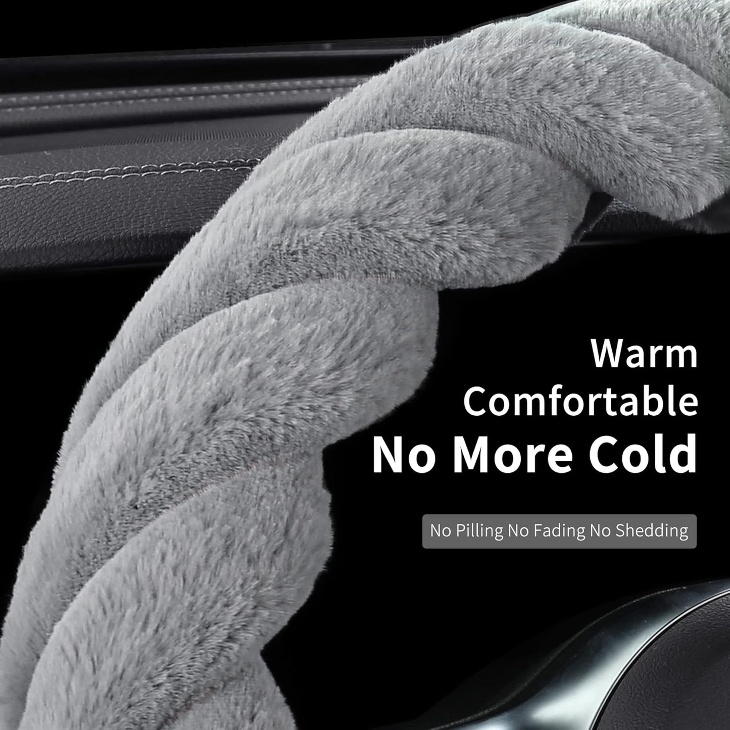 Luxury Fluffy Winter Car Steering Wheel Cover for Women Soft Warm Plush Cute Auto Accessories for Vehicle, Sedan, Universal, Fuzzy, Anti Slip, Gray, Standard Size, 14.75-15.15"