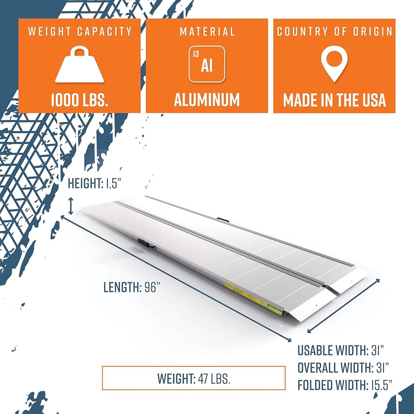 EZ-ACCESS Traverse 8 Foot Durable Aluminum Singlefold Edgeless Curbless Portable Folding Car Loading Ramp with Carrrying Handles, Silver