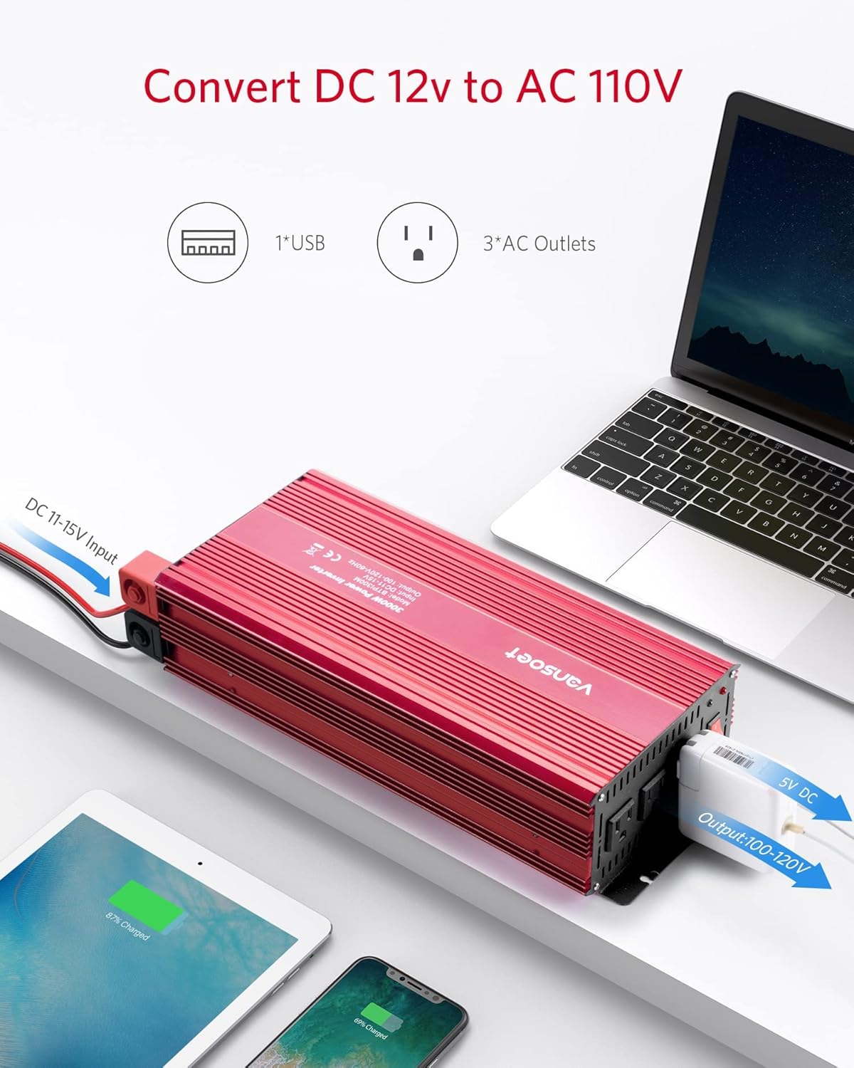 3000 Watts Power Inverter, 12V DC to120V AC Car Inverter with 3 AC Outlets and 2.4A USB Port, Battery Cables Included, 3000W Car Converter Suitable for Car RV Truck Boat(Red)