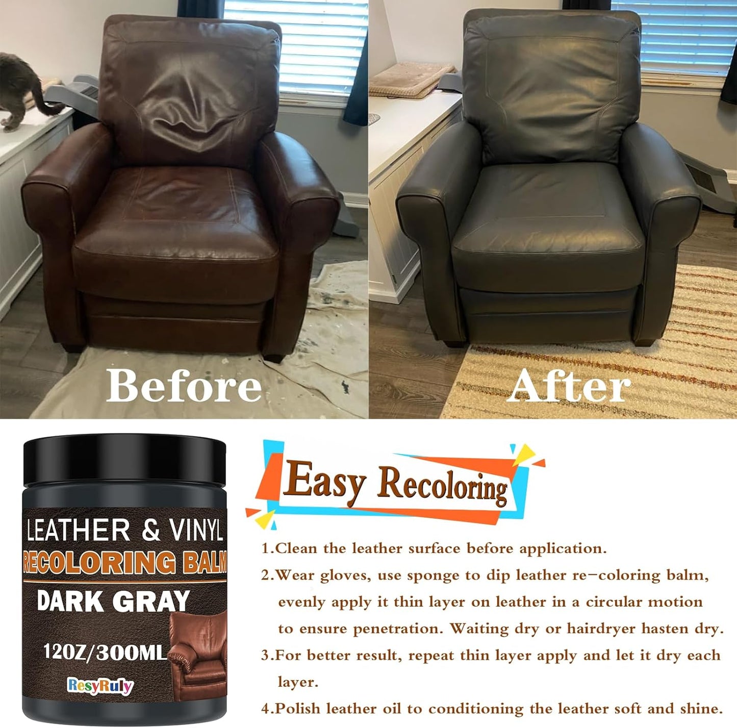 Dark Gray Recoloring Balm Leather Vinyl Auto Dash Board Car Interior Seats Paint Furniture Dye Color Restorer Refinish Shoes Sofa Gloves Jacket Purse Bag Couch Stain Fade Scratches Peeling Repair Kit