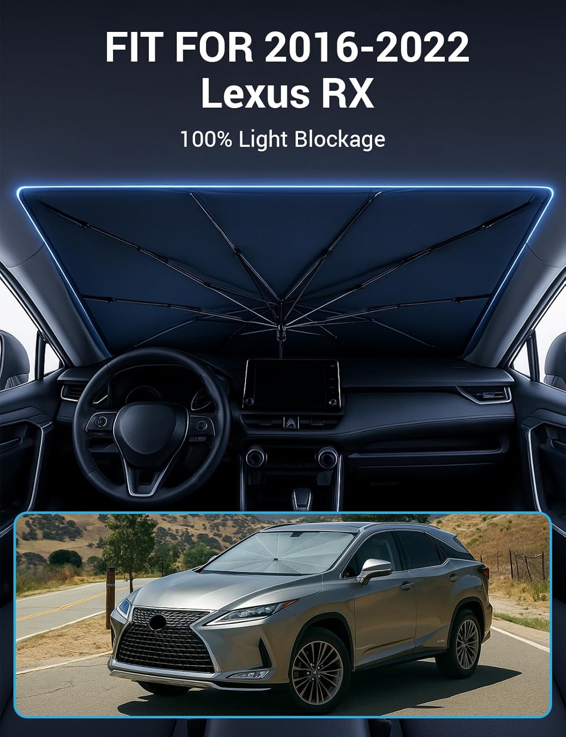 Proadsy Windshield Sun Shade Umbrella for Lexus RX 2016-2022 Foldable Car Umbrella Sunshade with Soft TPU Handle Spring Structure Crystal Cooling Material Protect Car from Rays & Heat