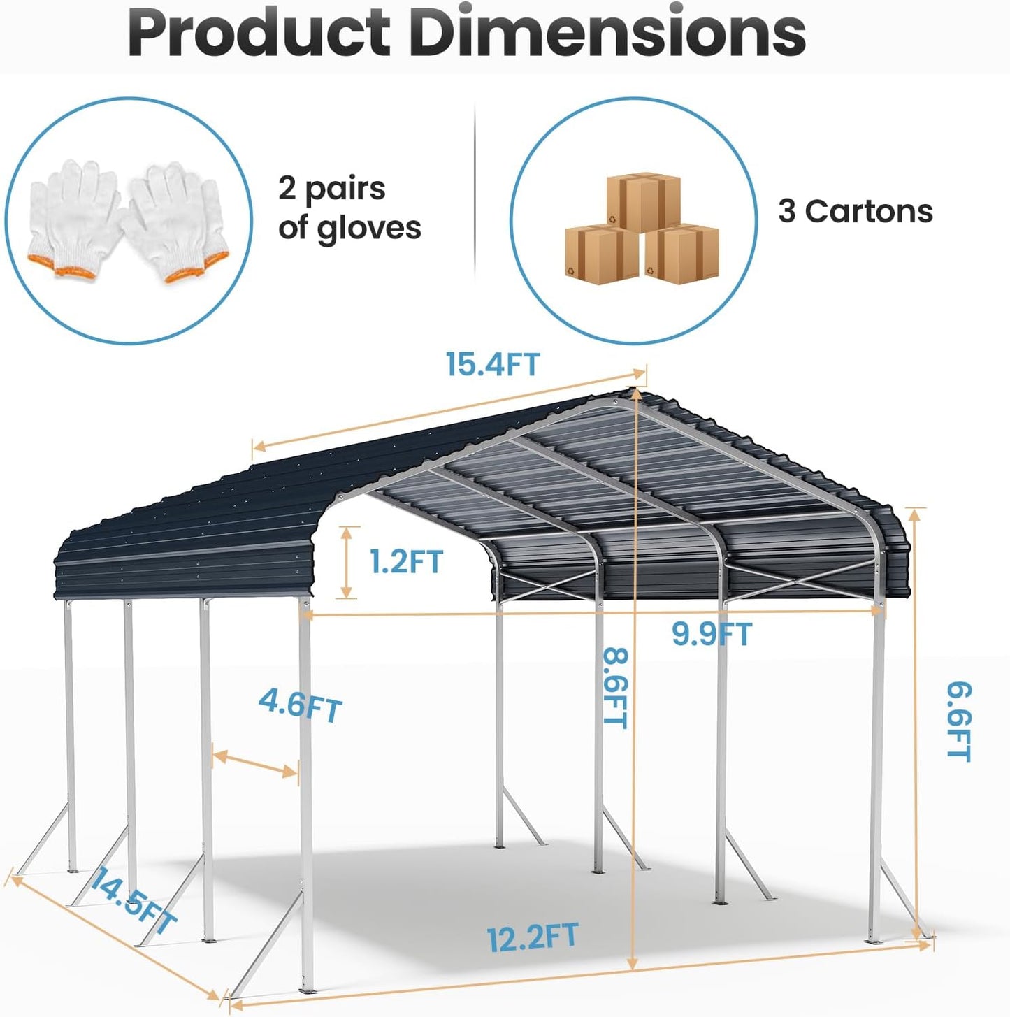 10x15' Heavy Duty Metal Carport – Sturdy Structure, All-Weather Protection, Easy Assembly for Cars, Trucks, Boats, Tractors, and Outdoor Storage (Grey, 10x15FT)