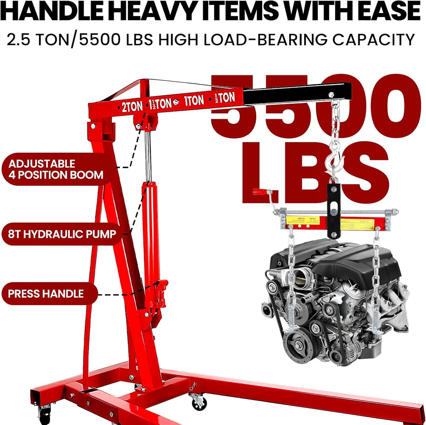 5500 Lbs Folding Cherry Picker Engine Hoist, 2.5 Ton Engine Crane with Lever, with 6 Casters, 8 Ton Hydraulic Pump 4 Adjustable Position, for Garage, Workshop, Repair (Red)