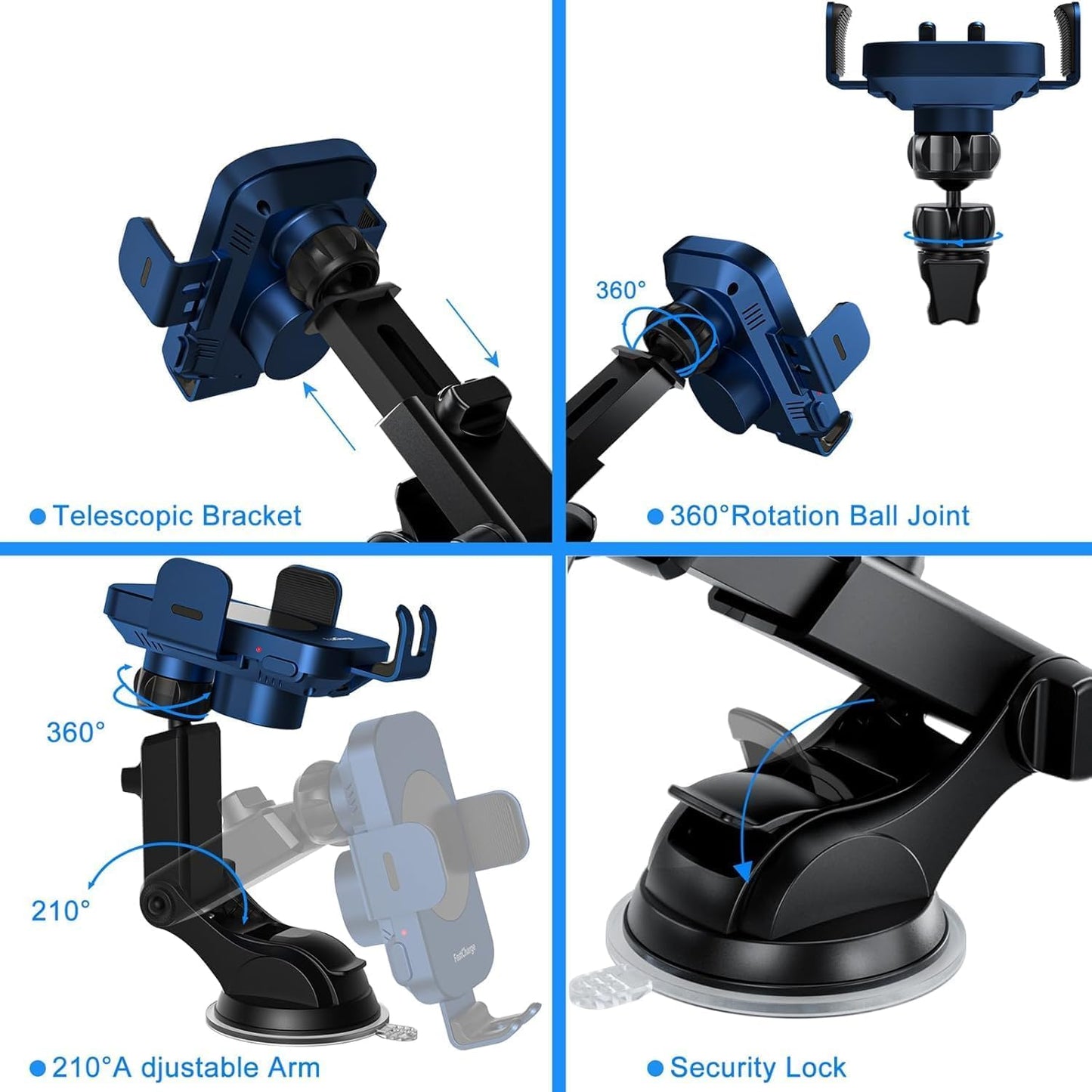 Wireless Car Charger, Fast Charging 15W Auto Clamping Car Charger Phone Holder Phone Mount for iPhone16 15 14 13 12 11 Pro Max Xs, Samsung Galaxy S23 Ultra S22 S21 S20 S10+ Note 9, etc(Blue)