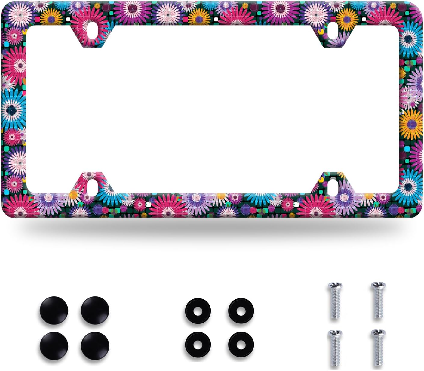Abstract Hippie Flowers License Plate Frame Floral License Plate Stainless Steel Funny License Plate Holder Colorful Car Accessories With Screws Car Decoration 12.3" x 6.3" Fits Standard Vehicles Size
