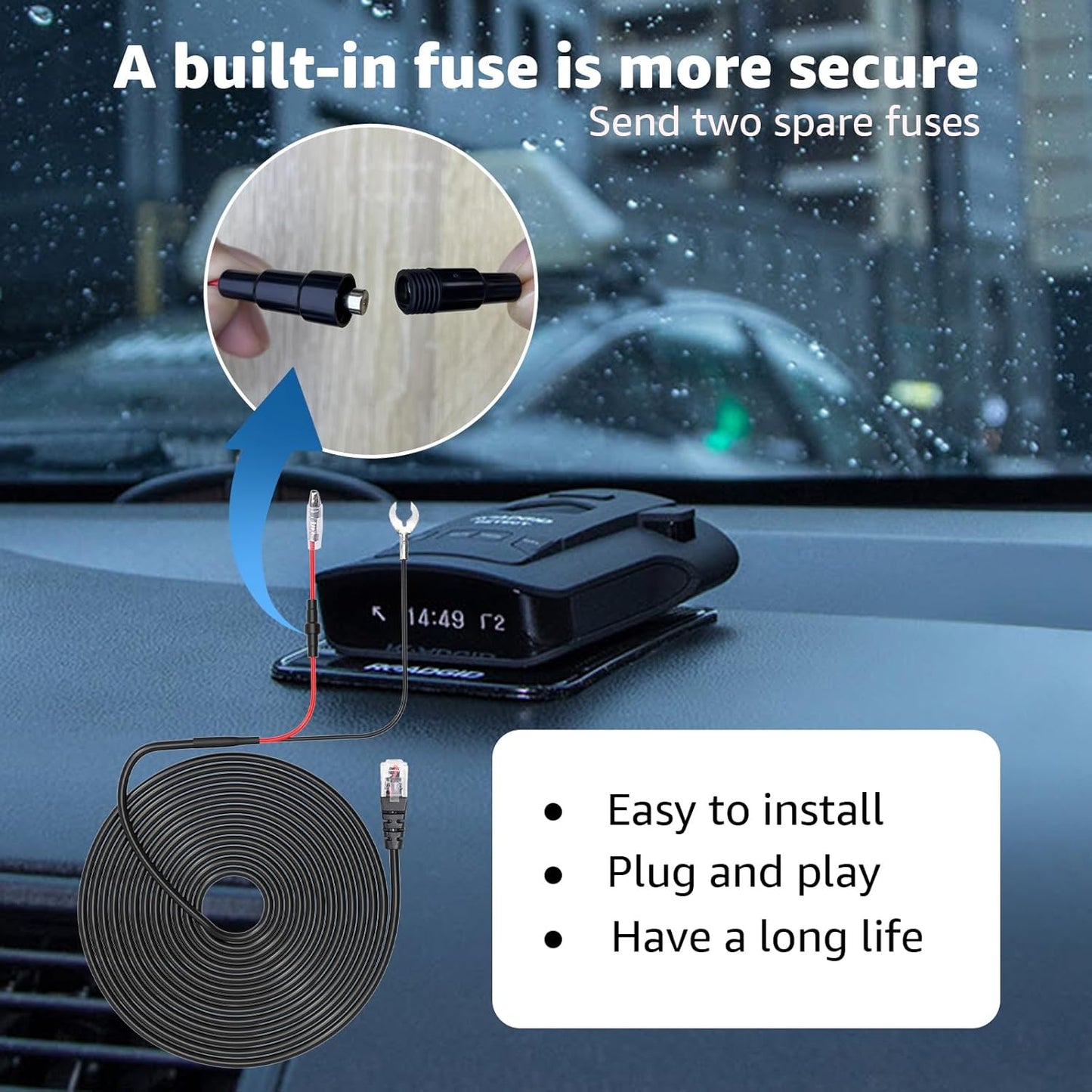 Radar Detector Hardwire Kit with RJ-11 Telephone Style Jack Direct Wire Wiring Kit Compatible with Escort Valentine One Uniden Beltronics Cobra Multiple Fuse Sizes Power Cord Cable