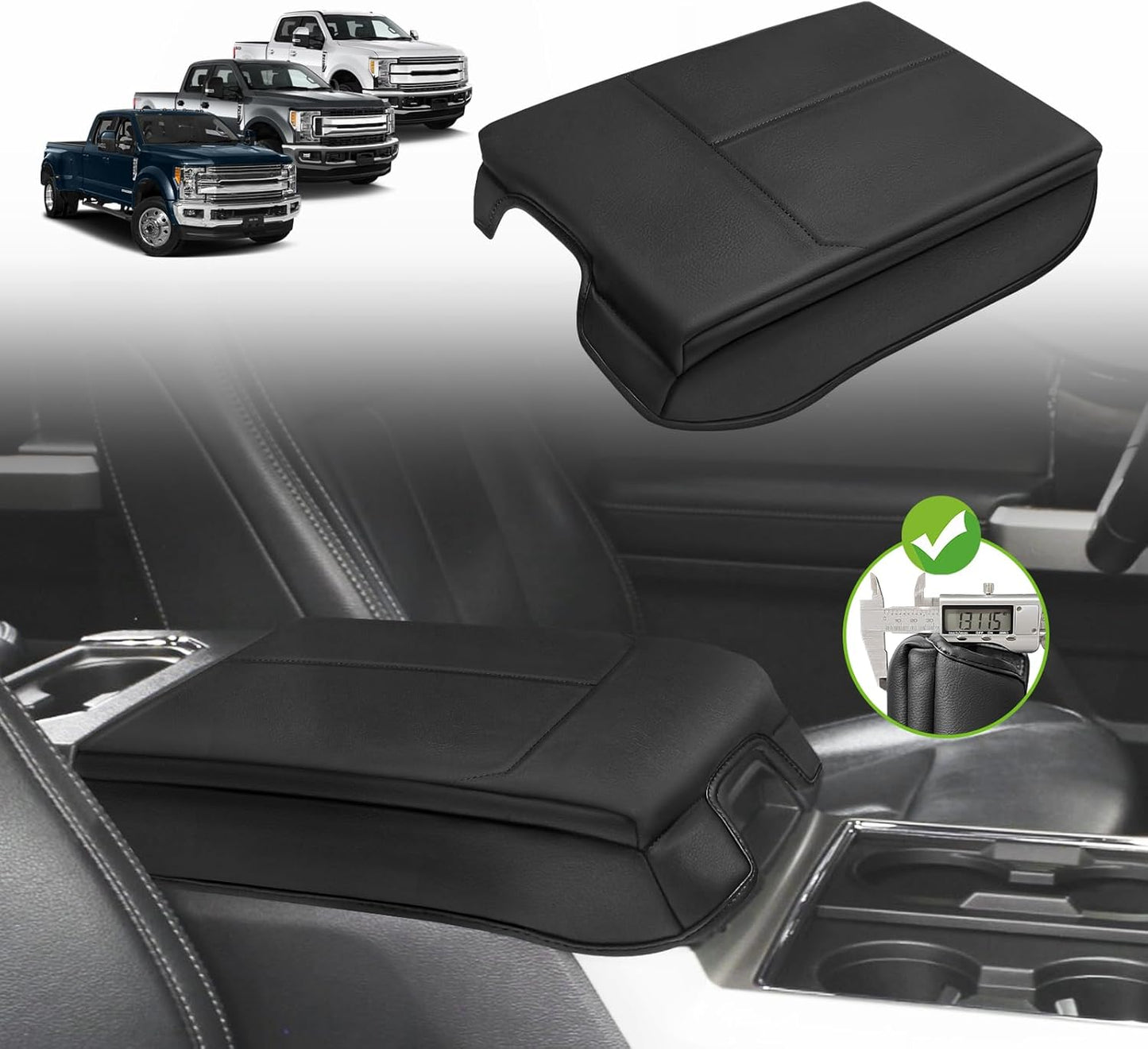 Muslogy Center Console Armrest Cover Compatible with Ford F250 F350 F450 2017-2022 Super Duty Comfort Armrest Pad Arm Rest Cushion Vegan Leather Protector 1-Inch Extra Thick(Bucket Seat ONLY)