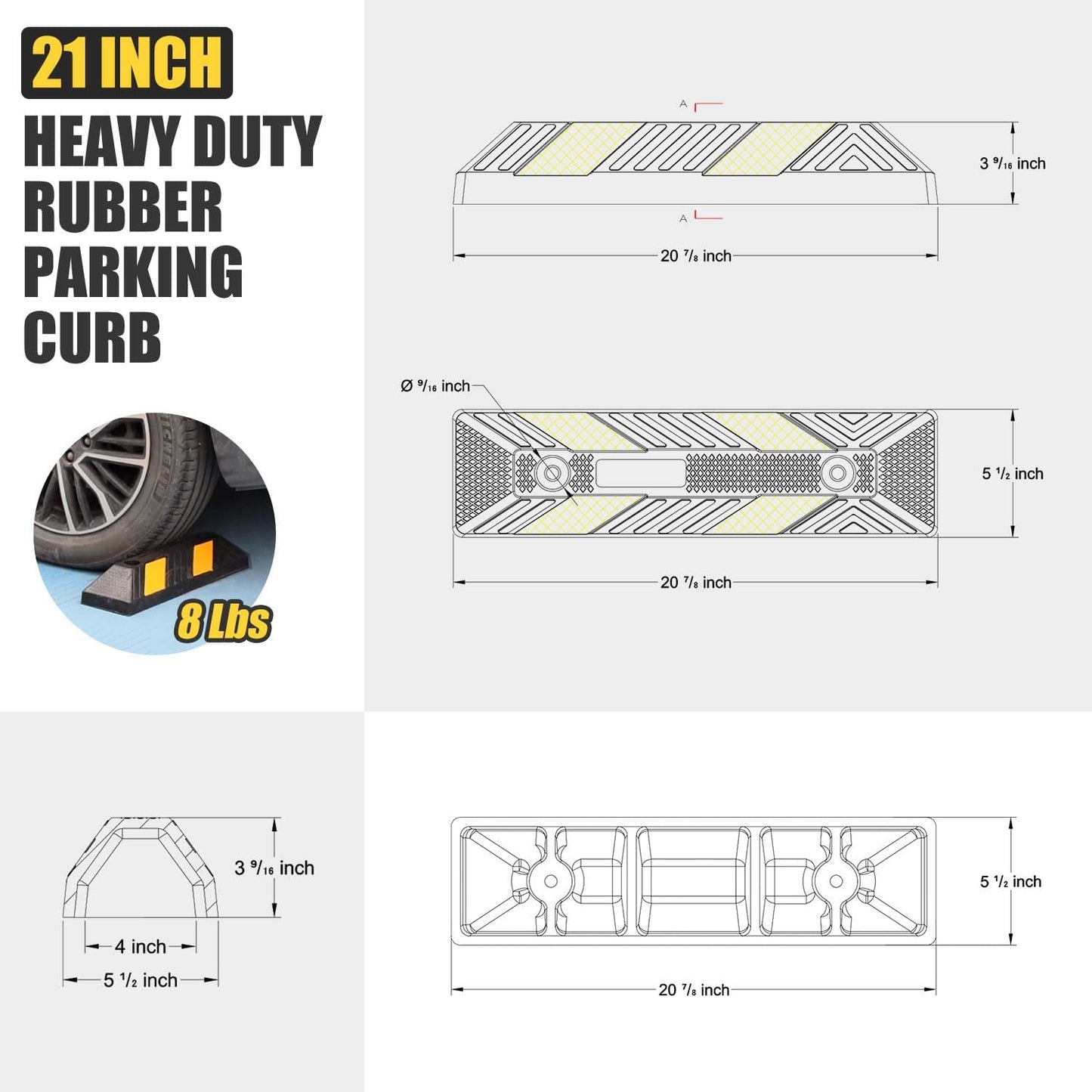 Heavy-Duty Rubber Parking Curbs, Parking Garage Floor Stoppers with Reflective Stickers, Mounting Screws Included, Wheel Stoppers for Car, Truck, Pickup, Motorcycle (21" - 4Pack)